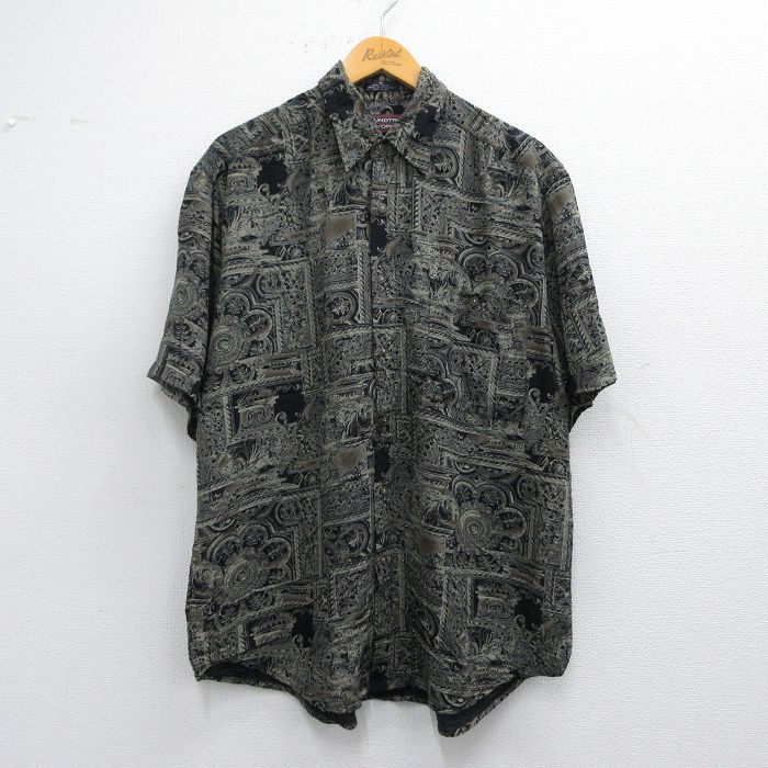 L★古着 半袖 シャツ メンズ 90年代 90s 植物 レーヨン 黒他 ブラック 【spe】 25apr02 中古 トップス