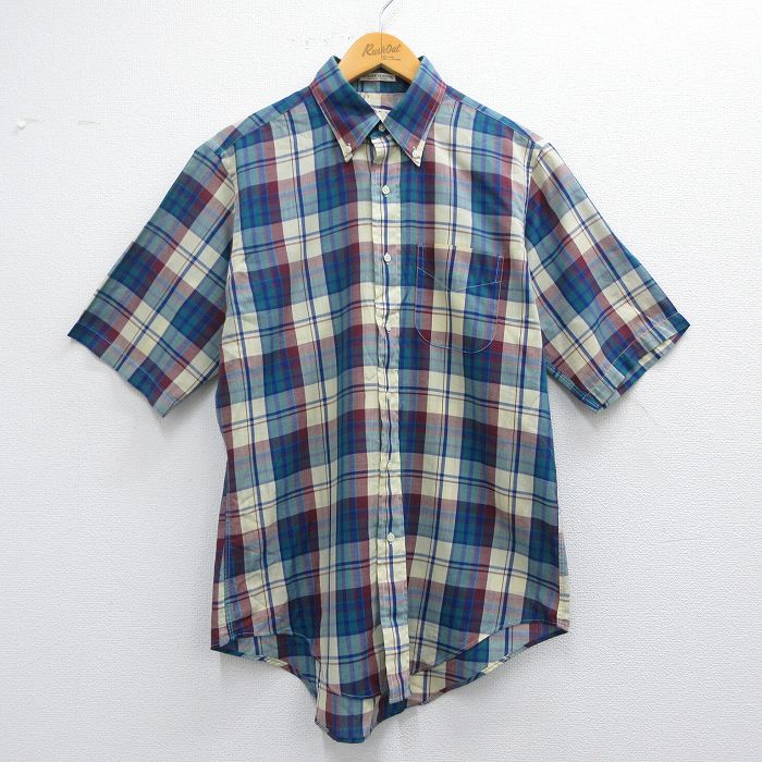 L★古着 半袖 シャツ メンズ 90年代 90s ボタンダウン USA製 紺他 ネイビー チェック 25apr02 中古 トップス