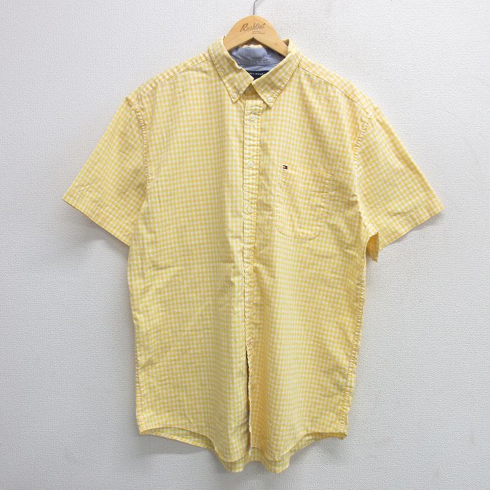 XL★古着 トミーヒルフィガー TOMMY HILFIGER 半袖 ブランド シャツ メンズ ワンポイントロゴ ロング丈 ボタンダウン 黄他 イエロー チェック 25apr02 中古 トップス