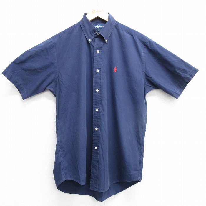 L★古着 ラルフローレン Ralph Lauren 半袖 ブランド シャツ メンズ 90年代 90s ワンポイントロゴ BLAKE コットン ボタンダウン 濃紺 ネイビー 25apr02 中古 トップス