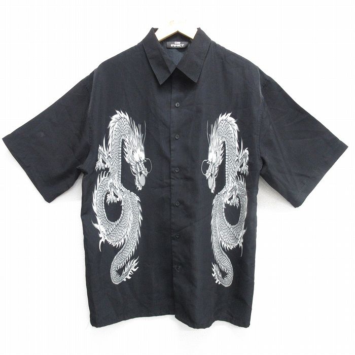 L★古着 半袖 シャツ メンズ 00年代 00s 龍 黒 ブラック 25apr02 中古 トップス