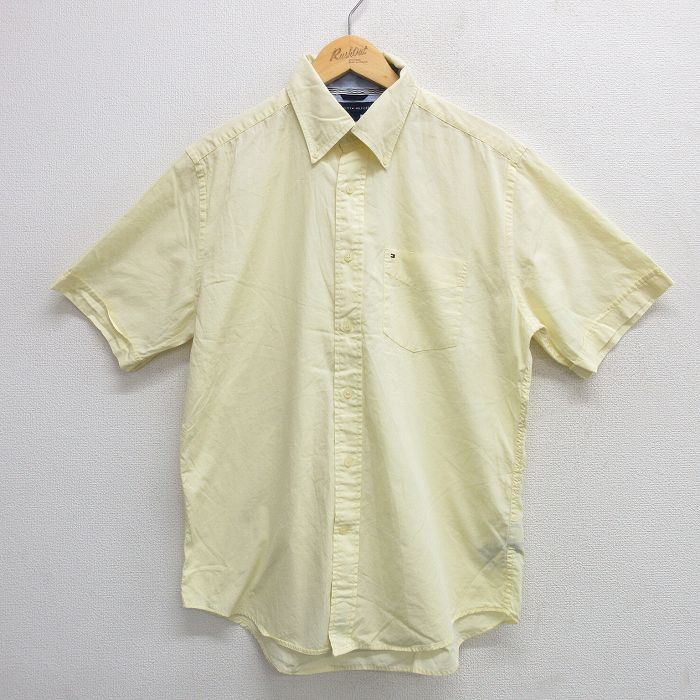 【50%OFF】L★古着 トミーヒルフィガー TOMMY HILFIGER 半袖 ブランド シャツ メンズ ワンポイントロゴ コットン ボタンダウン 黄 イエロー 25apr02 中古 トップス