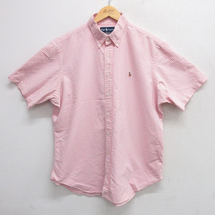 XL★古着 ラルフローレン Ralph Lauren 半袖 ブランド シャツ メンズ 90年代 90s ワンポイントロゴ 大きいサイズ ロング丈 コットン ボタンダウン ピンク他 チェック 25apr02 中古 トップス