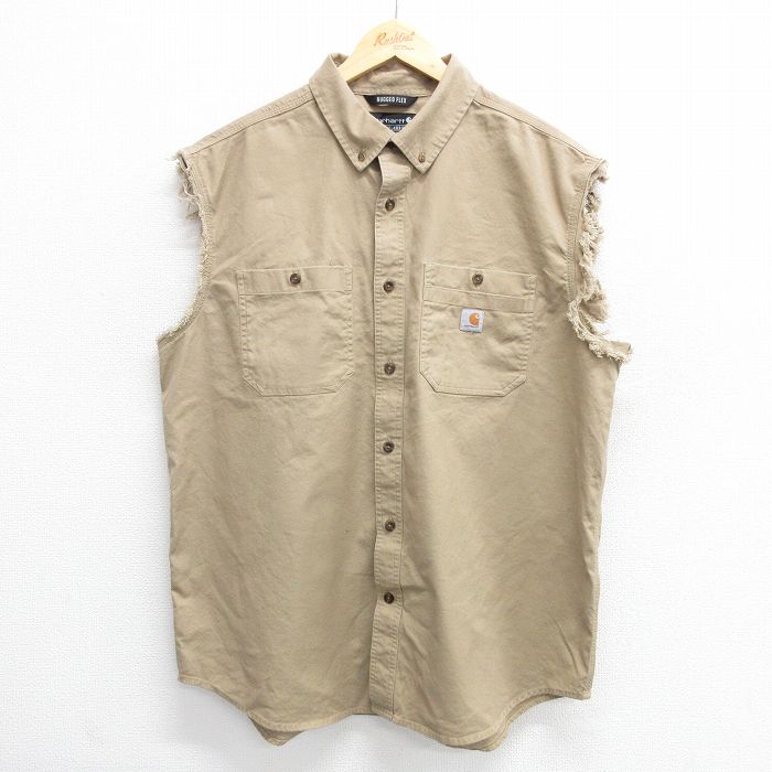 XL★古着 カーハート Carhartt ノースリーブ シャツ メンズ 大きいサイズ ロング丈 ボタンダウン ベージュ カーキ 25apr02 中古 トップス