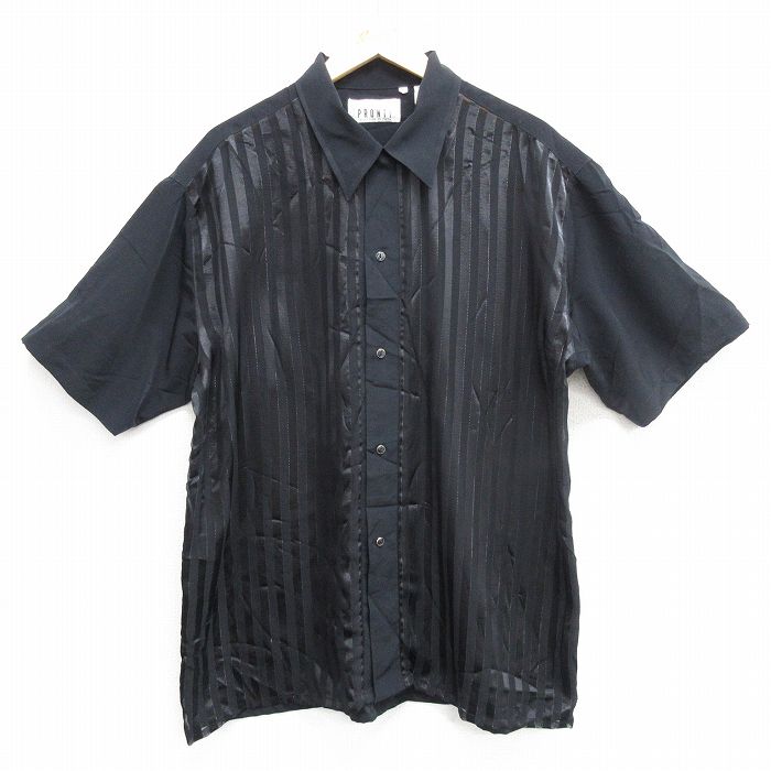 XL★古着 半袖 シャツ メンズ ロング丈 黒 ブラック ストライプ 25apr02 中古 トップス