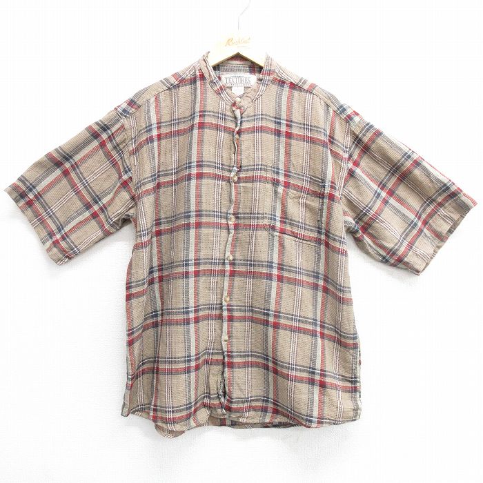 L★古着 半袖 シャツ メンズ コットン ノーカラー 茶他 ブラウン チェック 25apr02 中古 トップス