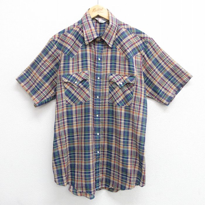 L★古着 半袖 ウエスタン シャツ メンズ 80年代 80s 紺他 ネイビー チェック 25apr02 中古 トップス