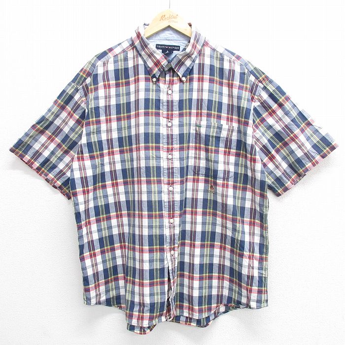 XL★古着 トミーヒルフィガー TOMMY HILFIGER 半袖 ブランド シャツ メンズ ワンポイントロゴ 大きいサイズ ロング丈 コットン ボタンダウン 紺他 ネイビー チェック 25apr02 中古 トップス