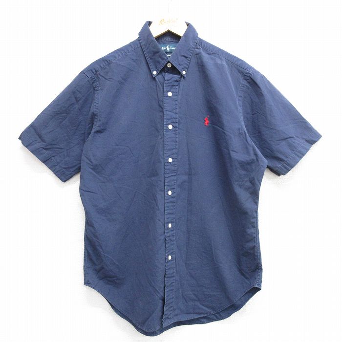 L★古着 ラルフローレン Ralph Lauren 半袖 ブランド シャツ メンズ 90年代 90s ワンポイントロゴ コットン ボタンダウン 紺 ネイビー 25apr02 中古 トップス