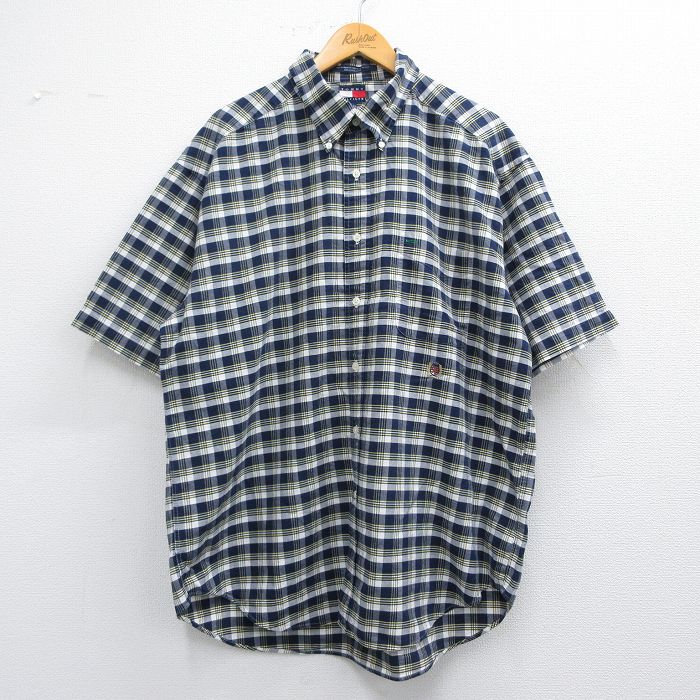 XL★古着 トミーヒルフィガー TOMMY HILFIGER 半袖 ブランド シャツ メンズ 90年代 90s ワンポイントロゴ 大きいサイズ ロング丈 コットン ボタンダウン 紺他 ネイビー チェック 25apr03 中古 トップス