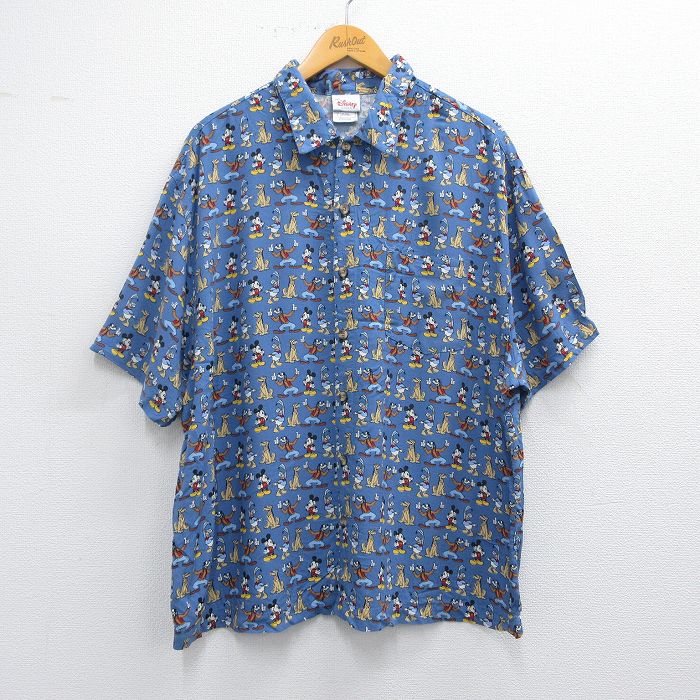 XL★古着 半袖 シャツ メンズ 00年代 00s ディズニー DISNEY ミッキー MICKEY MOUSE グーフィー ドナルド 薄紺他 ネイビー 【spe】 25apr03 中古 トップス