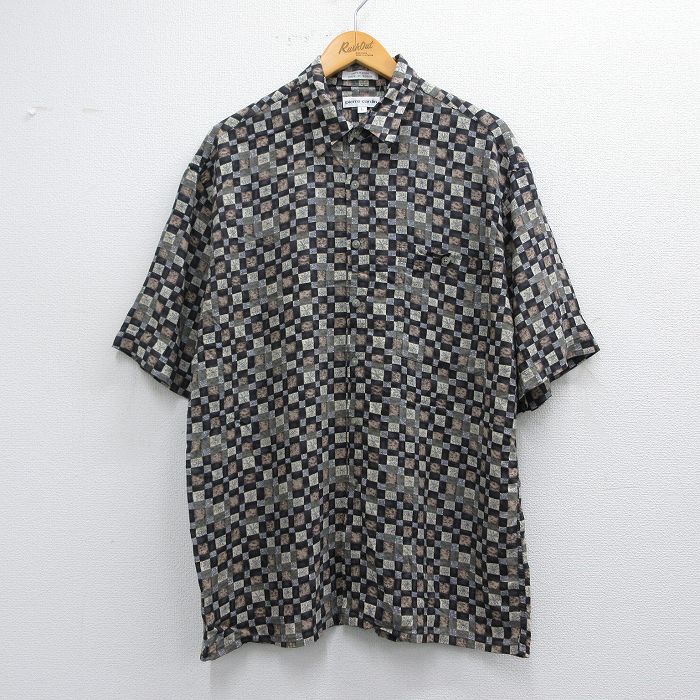 L★古着 ピエールカルダン pierre cardin 半袖 ブランド シャツ メンズ 90年代 90s 総柄 レーヨン 黒他 ブラック 25apr03 中古 トップス