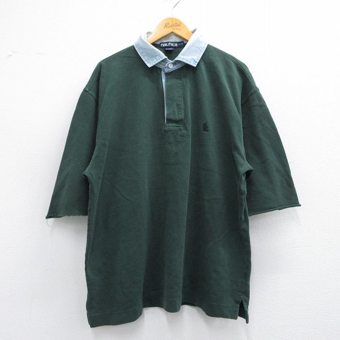 XL★古着 ノーティカ NAUTICA 半袖 ブランド ラガー シャツ メンズ 90年代 90s ロング丈 コットン 緑他 グリーン 25apr03 中古 トップス