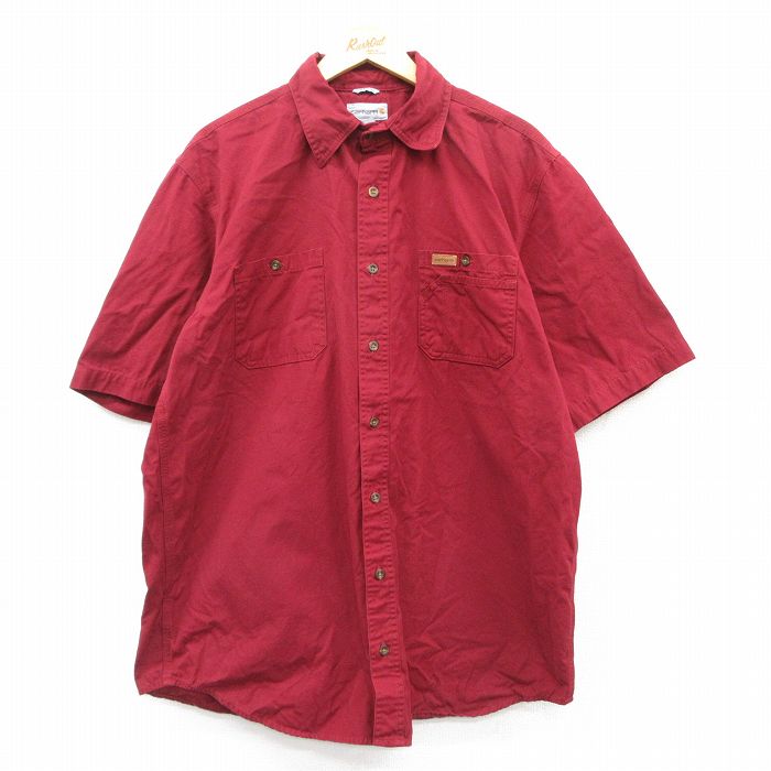 【50%OFF】XL★古着 カーハート Carhartt 半袖 シャツ メンズ ロング丈 コットン エンジ 25apr03 中古 トップス