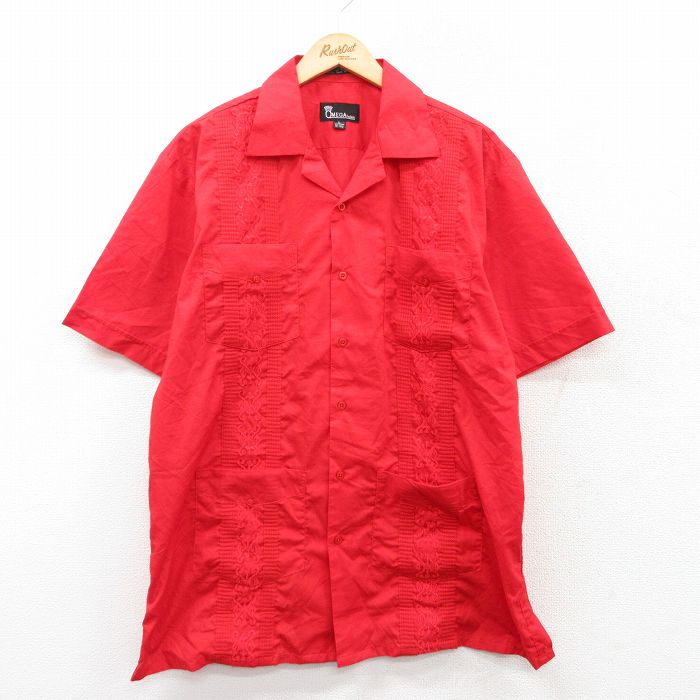 L★古着 半袖 キューバ シャツ メンズ 刺繍 赤 レッド 25apr03 中古 トップス