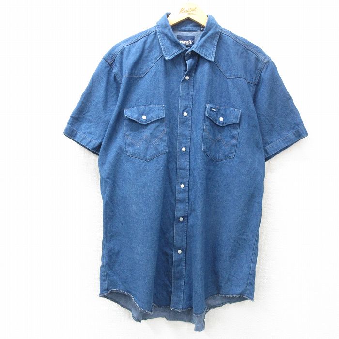 XL★古着 ラングラー Wrangler 半袖 ウエスタン シャツ メンズ 大きいサイズ ロング丈 コットン 紺 ネイビー デニム 25apr03 中古 トップス