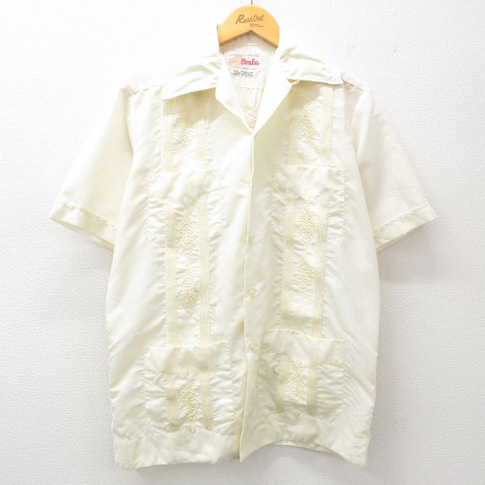 L★古着 半袖 キューバ シャツ メンズ 80年代 80s 刺繍 開襟 オープンカラー 薄黄 イエロー 25apr03 中古 トップス