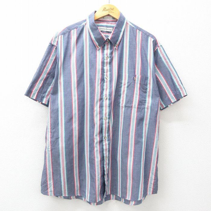 XL★古着 半袖 シャツ メンズ 00年代 00s ボタンダウン 紺他 ネイビー ストライプ 25apr03 中古 トップス