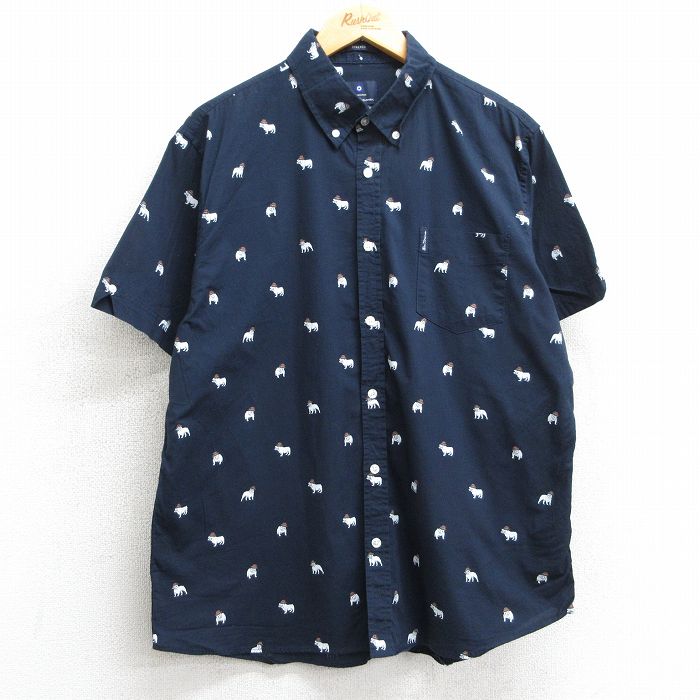 L★古着 半袖 シャツ メンズ 犬 総柄 ボタンダウン 薄紺他 ネイビー チェック 25apr03 中古 トップス