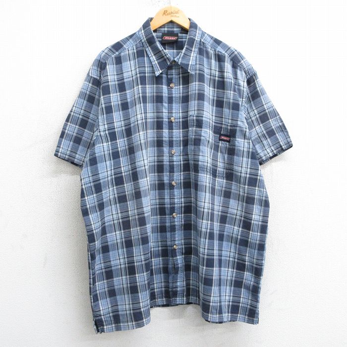 XL★古着 ディッキーズ Dickies 半袖 シャツ メンズ 大きいサイズ ロング丈 薄紺他 ネイビー チェック 25apr03 中古 トップス