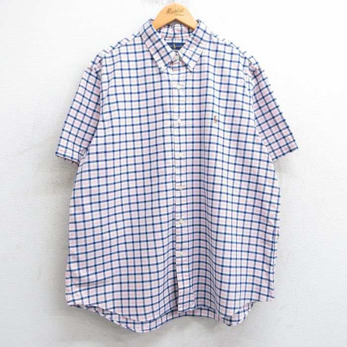 XL★古着 ラルフローレン Ralph Lauren 半袖 ブランド シャツ メンズ ワンポイントロゴ オックスフォード 大きいサイズ コットン ボタンダウン ピンク他 チェック 【spe】 25apr03 中古 トップス