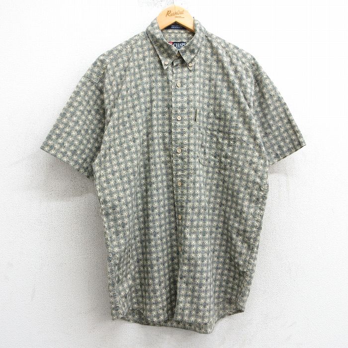 L★古着 ラルフローレン Ralph Lauren チャップス 半袖 ブランド シャツ メンズ 90年代 90s 総柄 コットン ボタンダウン ベージュ他 カーキ 25apr03 中古 トップス