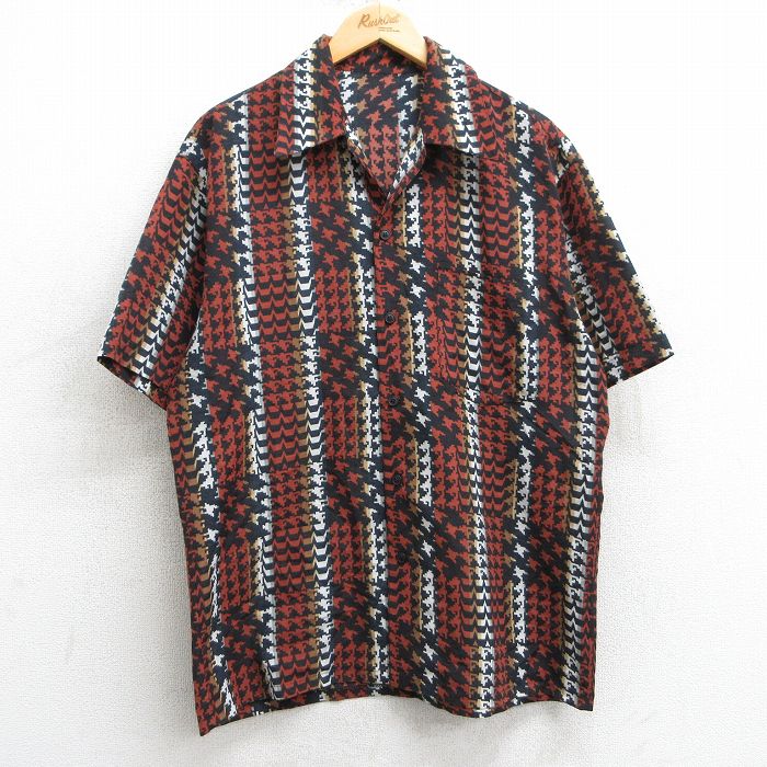 L★古着 半袖 シャツ メンズ 総柄 開襟 オープンカラー 黒他 ブラック 25apr03 中古 トップス