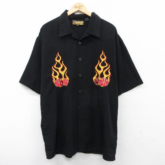 XL★古着 半袖 シャツ メンズ サイコロ ロング丈 開襟 オープンカラー 黒 ブラック 【spe】 25apr04 中古 トップス