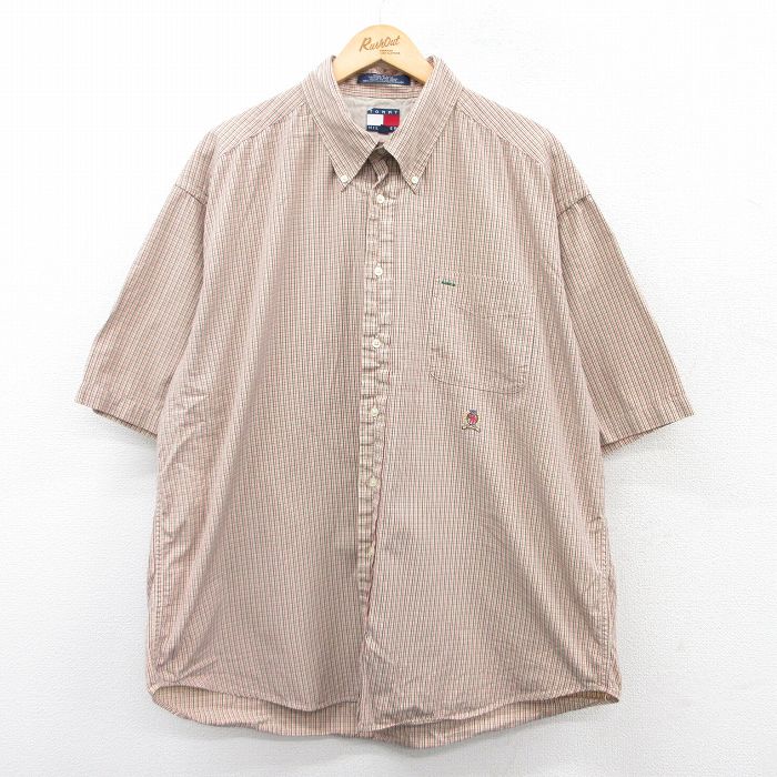 XL★古着 トミーヒルフィガー TOMMY HILFIGER 半袖 ブランド シャツ メンズ 90年代 90s ワンポイントロゴ 大きいサイズ ロング丈 コットン ボタンダウン ベージュ系他 カーキ チェック 25apr04 中古 トップス