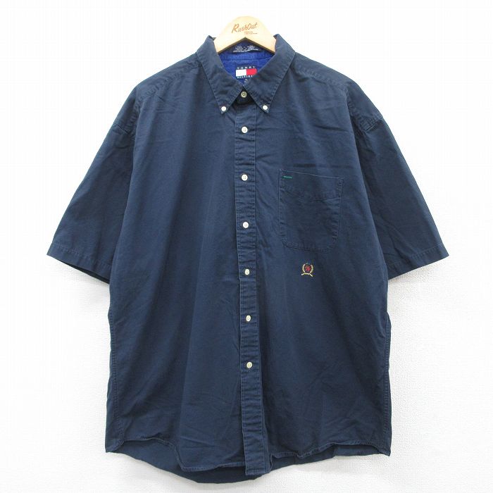 XL★古着 トミーヒルフィガー TOMMY HILFIGER 半袖 ブランド シャツ メンズ 90年代 90s ワンポイントロゴ 大きいサイズ ロング丈 コットン ボタンダウン 紺 ネイビー 25apr04 中古 トップス