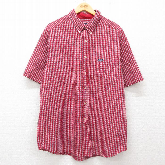 XL★古着 ラルフローレン Ralph Lauren チャップス 半袖 ブランド シャツ メンズ 90年代 90s シアサッカー 大きいサイズ ロング丈 ボタンダウン 赤他 レッド チェック 【spe】 25apr04 中古 トップス