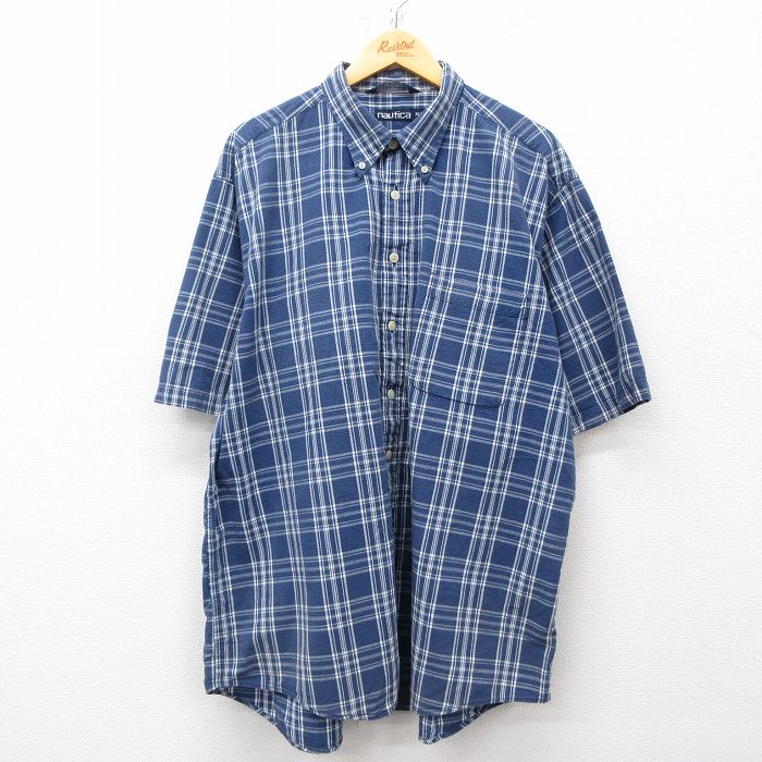 XL★古着 ノーティカ NAUTICA 半袖 ブランド シャツ メンズ 90年代 90s シアサッカー 大きいサイズ ロング丈 コットン ボタンダウン 紺他 ネイビー チェック 【spe】 25apr04 中古 トップス