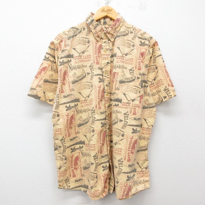XL★古着 ウールリッチ WOOLRICH 半袖 シャツ メンズ 鳥 カヌー ボタンダウン 黄系 イエロー 25apr04 中古 トップス