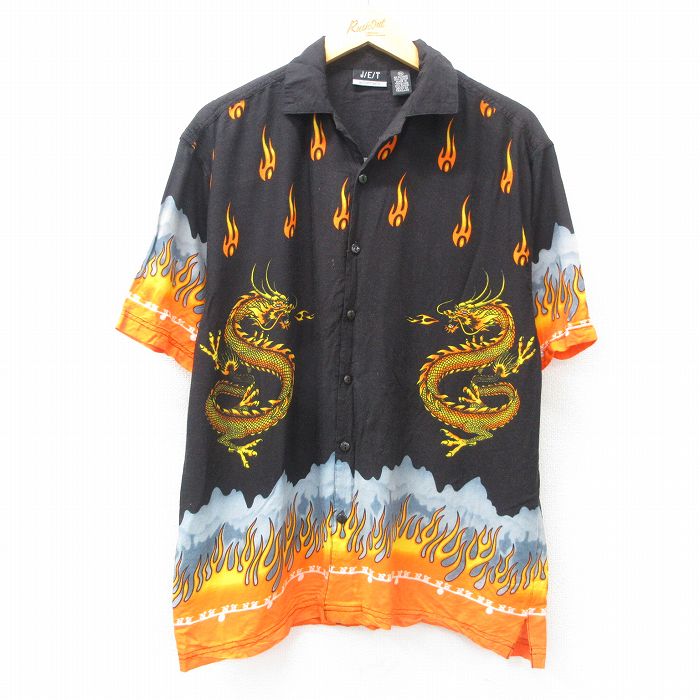 L★古着 半袖 シャツ メンズ 龍 ファイヤーパターン レーヨン 開襟 オープンカラー 黒他 ブラック 【spe】 25apr04 中古 トップス