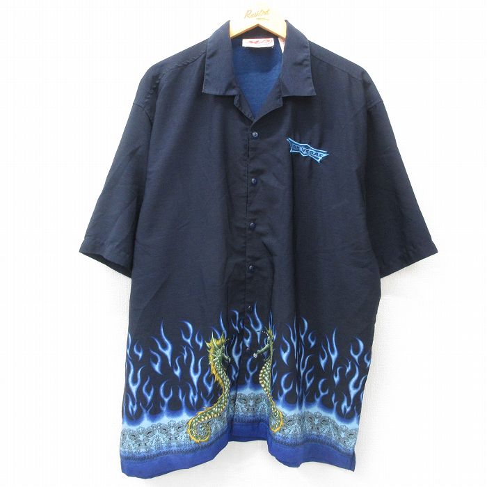 XL★古着 半袖 シャツ メンズ タツノオトシゴ ラスベガス 大きいサイズ ロング丈 開襟 オープンカラー 濃紺他 ネイビー 【spe】 25apr04 中古 トップス