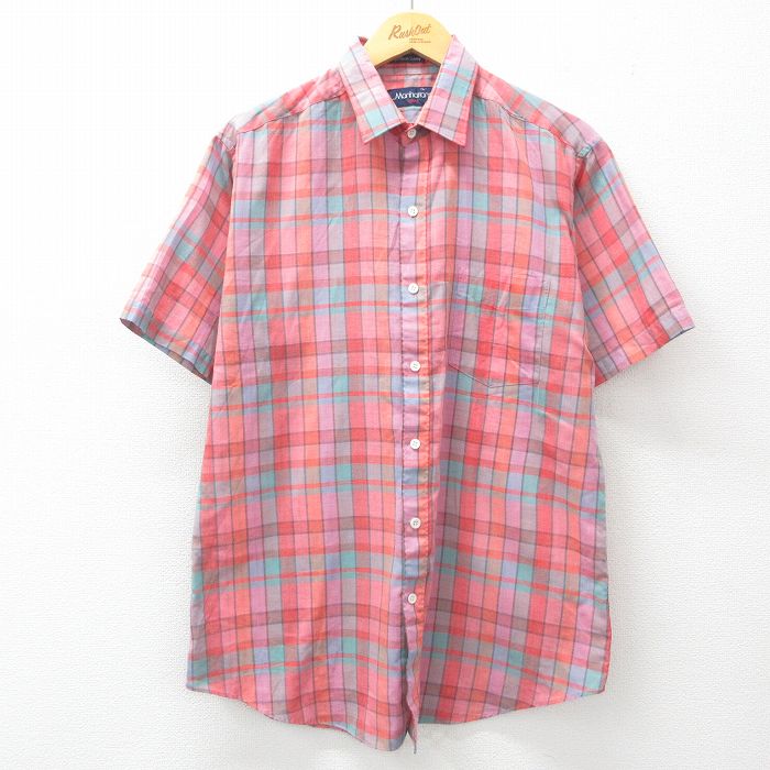 L★古着 マンハッタン 半袖 シャツ メンズ 80年代 80s 赤他 レッド チェック 25apr04 中古 トップス