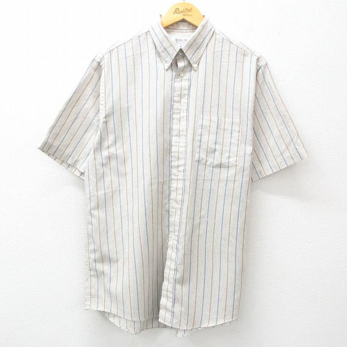 XL★古着 アロー 半袖 シャツ メンズ 90年代 90s ボタンダウン USA製 薄グレー他 ストライプ 25apr04 中古 トップス
