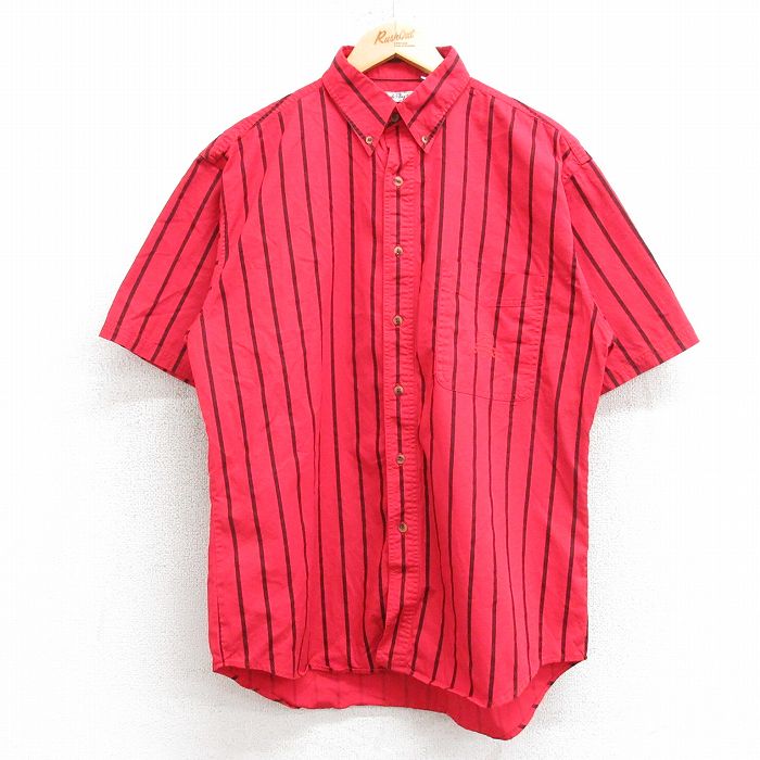 L★古着 ビューグルボーイ 半袖 シャツ メンズ 00年代 00s ワンポイントロゴ コットン ボタンダウン 赤 レッド ストライプ 25apr04 中古 トップス