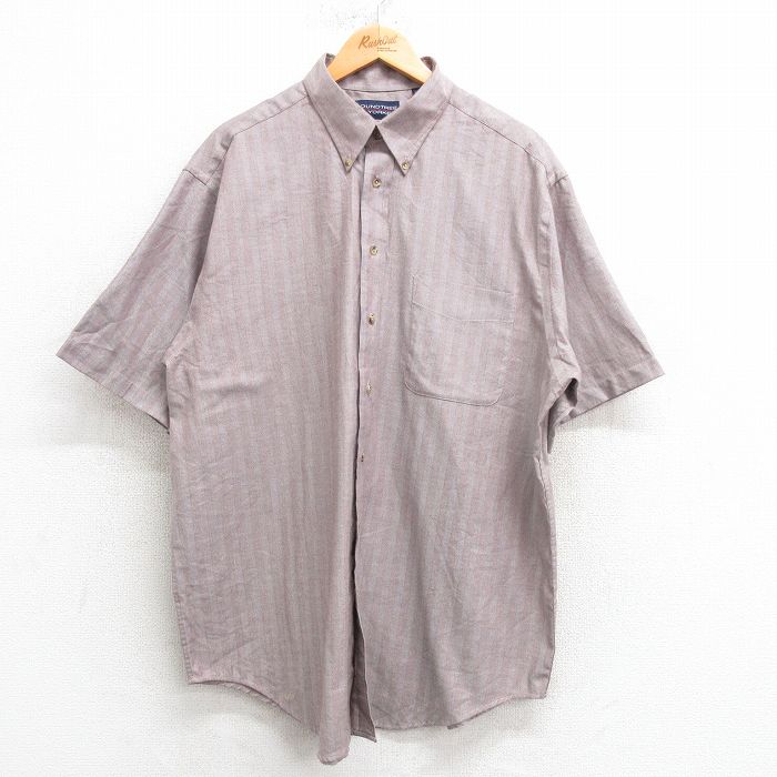 XL★古着 半袖 シャツ メンズ 00年代 00s ヘリンボーン ロング丈 ボタンダウン 薄茶他 ブラウン ストライプ 25apr04 中古 トップス