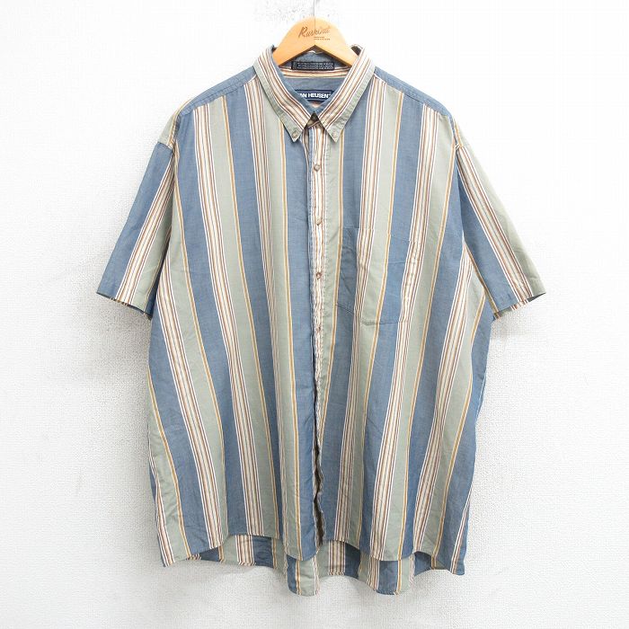 XL★古着 バンヒューセン 半袖 シャツ メンズ 90年代 90s 大きいサイズ ボタンダウン 薄紺他 ネイビー ストライプ 25apr04 中古 トップス