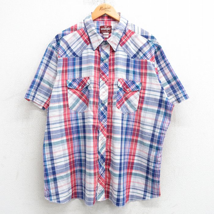 XL★古着 ラングラー Wrangler 半袖 ウエスタン シャツ メンズ 紺他 ネイビー チェック 25apr04 中古 トップス