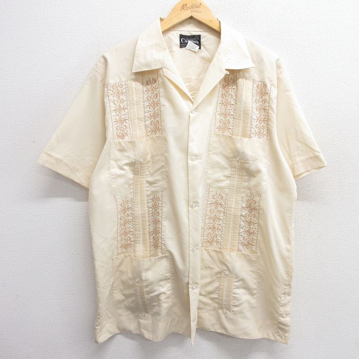 XL★古着 半袖 キューバ シャツ メンズ 90年代 90s 開襟 オープンカラー 生成り 25apr04 中古 トップス