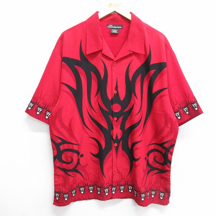 【50%OFF】XL★古着 no boundaries 半袖 シャツ メンズ 00年代 00s トライバル柄 開襟 オープンカラー 赤 レッド 【spe】 25apr04 中古 トップス