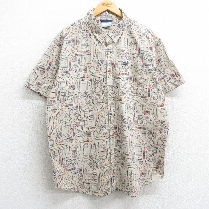 XL★古着 コロンビア COLUMBIA 半袖 シャツ メンズ 魚 リュック 弓 総柄 大きいサイズ ボタンダウン ベージュ他 カーキ 25apr04 中古 トップス