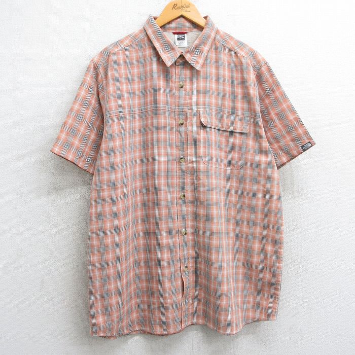 XL★古着 ノースフェイス THE NORTH FACE 半袖 シャツ メンズ ロング丈 オレンジ他 チェック 25apr04 中古 トップス