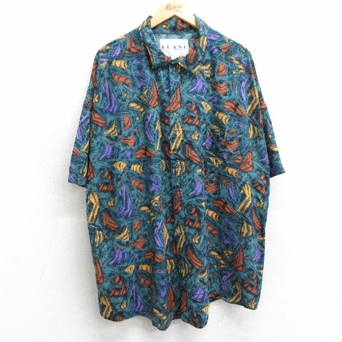 XL★古着 半袖 シャツ メンズ 90年代 90s 総柄 大きいサイズ レーヨン USA製 緑他 グリーン 【spe】 25apr04 中古 トップス