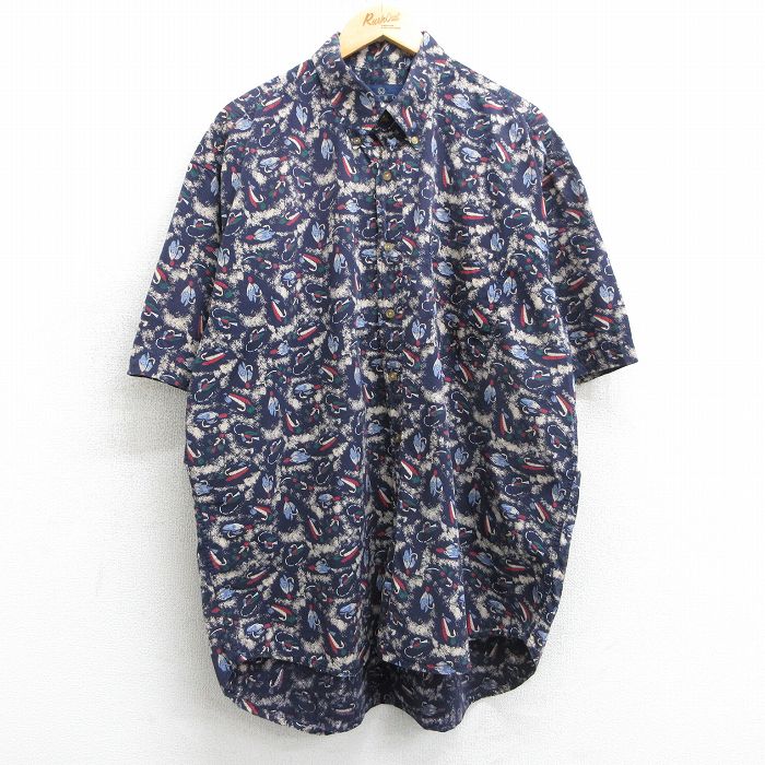 XL★古着 半袖 シャツ メンズ 90年代 90s ルアー 総柄 大きいサイズ コットン ボタンダウン 紺他 ネイビー 25apr04 中古 トップス