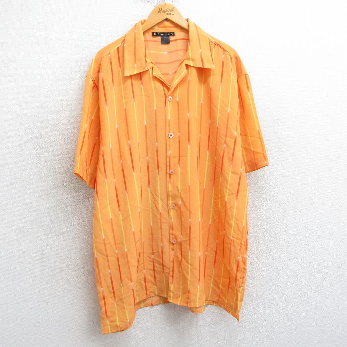 XL★古着 半袖 シャツ メンズ 90年代 90s ロング丈 開襟 オープンカラー オレンジ他 ストライプ 25apr04 中古 トップス