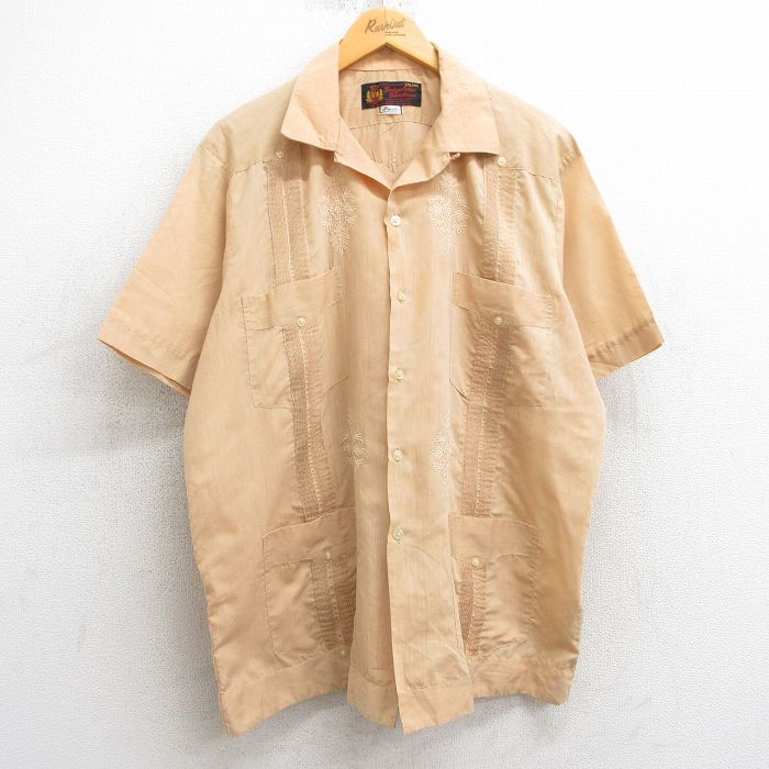 XL★古着 半袖 キューバ シャツ メンズ 80年代 80s 開襟 オープンカラー ベージュ系 カーキ 25apr04 中古 トップス