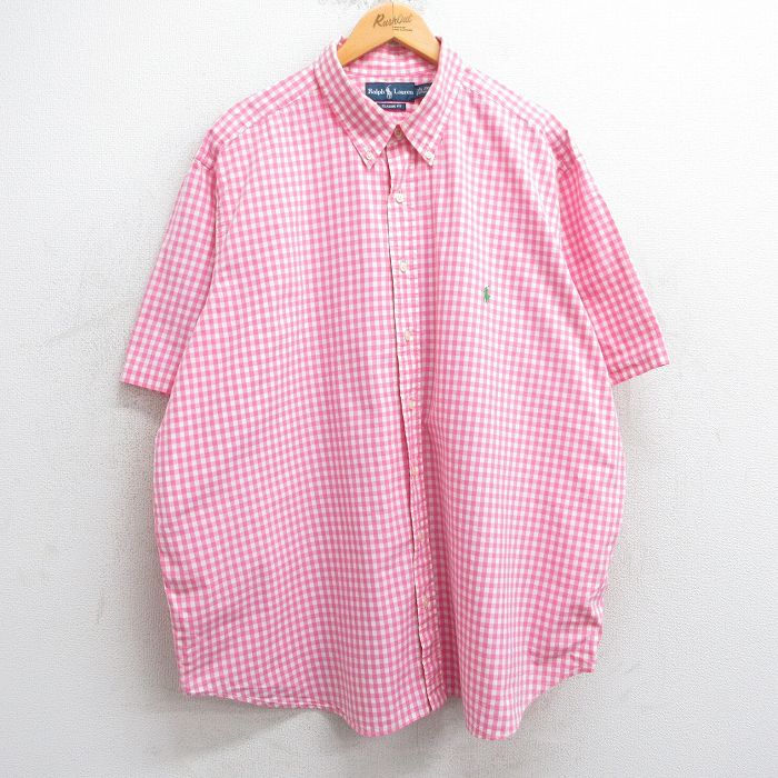 XL★古着 ラルフローレン Ralph Lauren 半袖 ブランド シャツ メンズ 90年代 90s ワンポイントロゴ 大きいサイズ ロング丈 コットン ボタンダウン ピンク他 ギンガム チェック 25apr04 中古 トップス